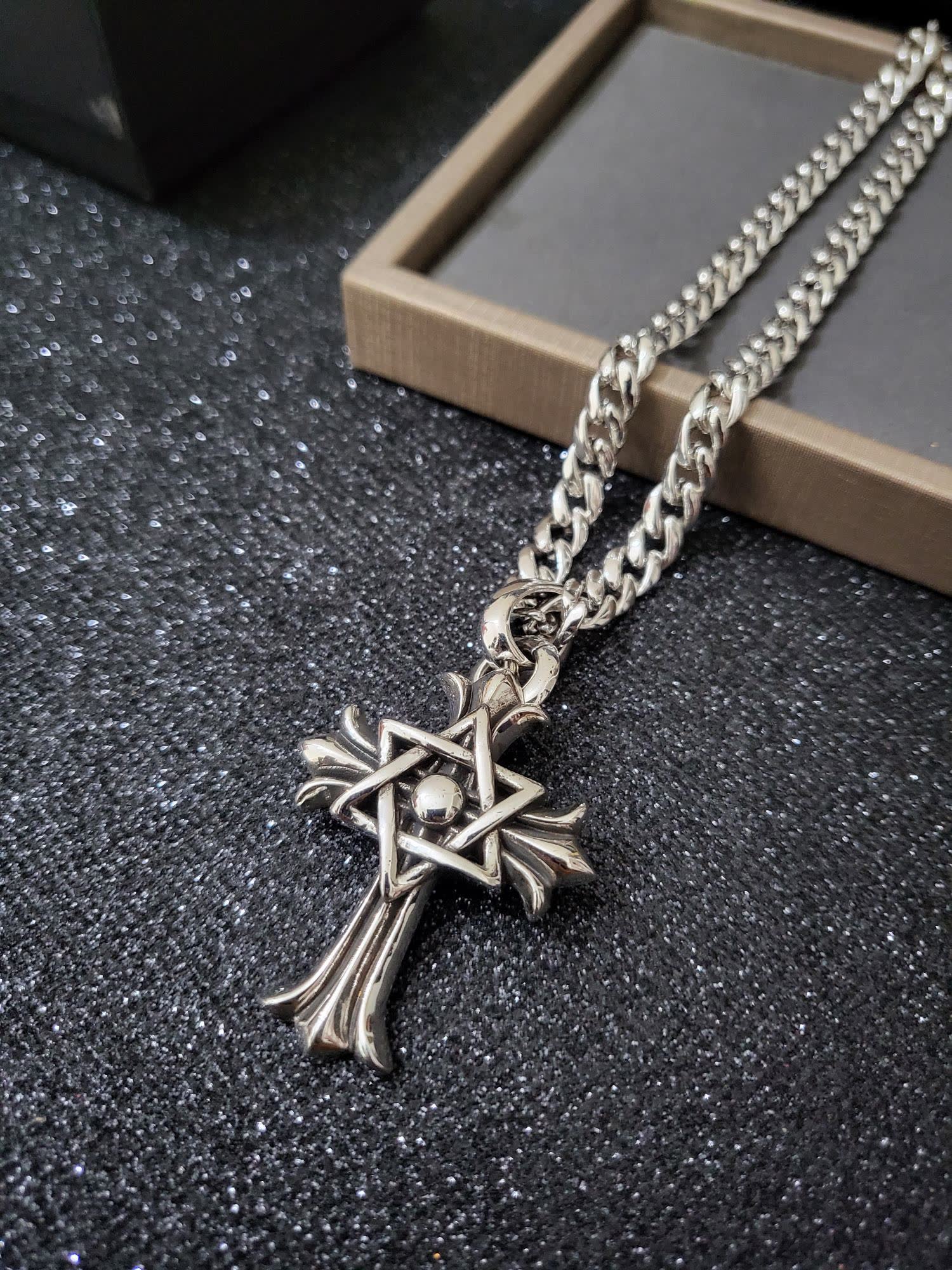 Chrome Hearts Silver Cross Pendant with Star of David